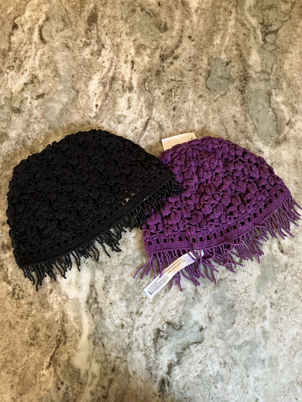 Urban Outfitters Crochet Fringe Beanie Hat in Black and Purple Set of 2 NEW